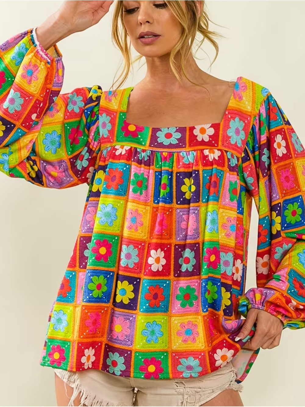 Colorful Floral Patchwork Square-Neck Blouse - Multi